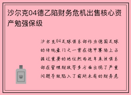 沙尔克04德乙陷财务危机出售核心资产勉强保级
